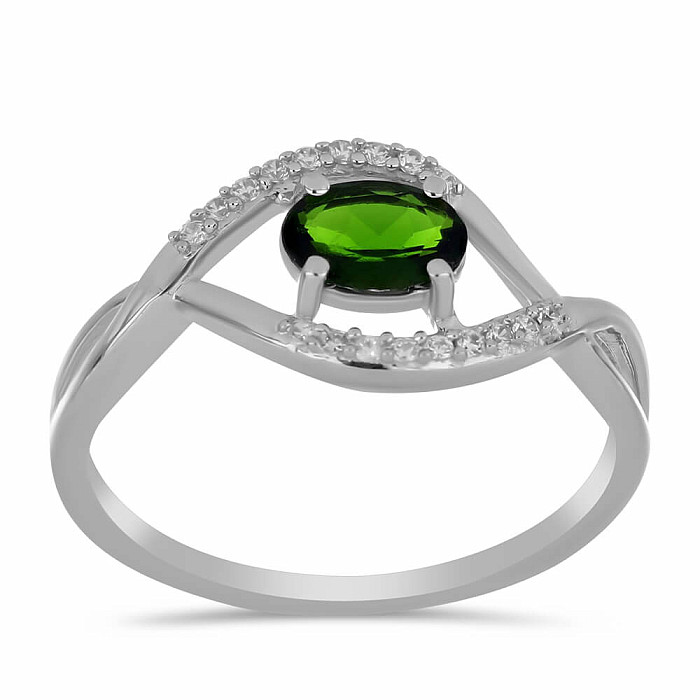 Prsten stříbrný s broušeným chromdiopsidem a zirkony Ag 925 029337 DIO - 54 mm , 2,1 g