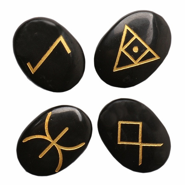 Levně Wicca sada kamenů bazalt černý s keltskými symboly - 4 x cca 3,5 cm