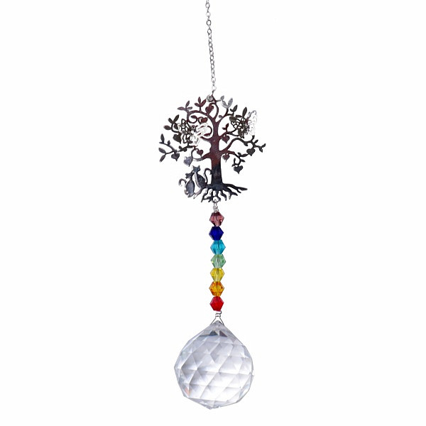 Levně Strom života a koule Feng Shui závěs do okna z kovu a duhového křišťálu - cca 30 cm