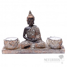 Buddha meditierender Thai Figur mit zwei Leuchtern für Teelichter 13 cm