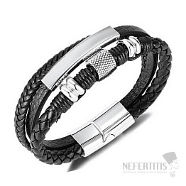 Herren dreifaches schwarzes Lederarmband Mechanic Edelstahldekor