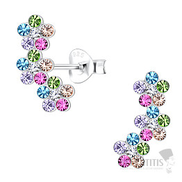 32889 Silberne Ohrringe mit Zirkonen, bunte Blumen