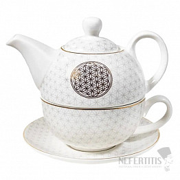 Teekanne aus Porzellan mit Tasse Blume des Lebens