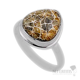Coral petoskey stone ring silver Ag 925 38126