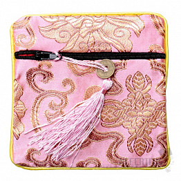 Hellrosa Brokattasche mit Reißverschluss und Glücksmünze 12x12 cm