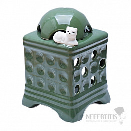 Aroma lampa keramická Kachlová kamna s kočkou zelená