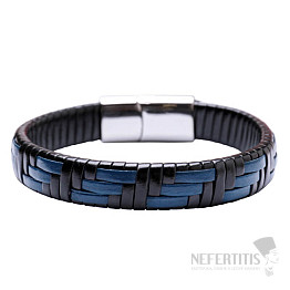 Herrenarmband aus schwarz-blauem Leder mit silberfarbenem Verschluss