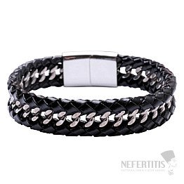 Herrenarmband aus schwarzem Leder Curb - Verschluss silberfarben 1,4 cm