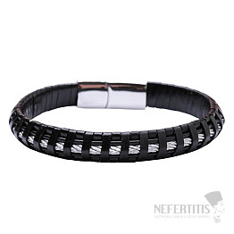 Herrenarmband aus schwarzem Leder Kordelverschluss silberfarben