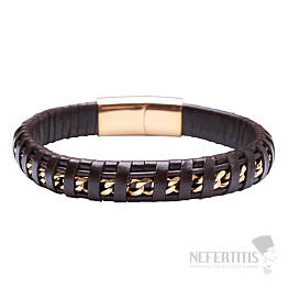 Braunes Herrenlederarmband Curb - goldfarbener Verschluss