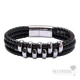 Dreifach-Armband aus schwarzem Leder für Herren, silberfarben
