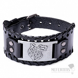 Men's wide leather bracelet with a wolf