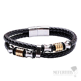 Doppelarmband aus schwarzem Leder für Herren mit Metallverzierungen