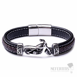 Schwarzes Herrenlederarmband mit Motorrad-Edelstahl