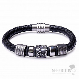 Herrenarmband aus schwarzem Leder und Edelstahl mit Ankern