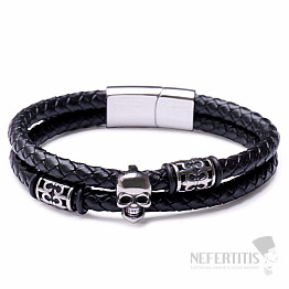 Doppeltes Lederarmband für Herren mit Totenkopf aus Edelstahl