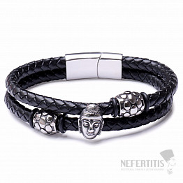 Doppeltes Herren-Lederarmband mit Buddha-Edelstahl