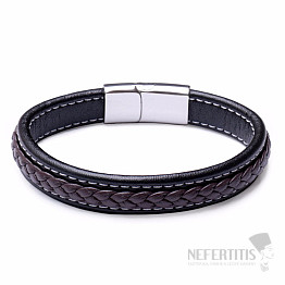 Braun-schwarzes Lederarmband für Herren, Edelstahl, silberfarben