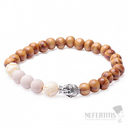 Armband aus Holzperlen mit Buddhakopf und Lotusblüte