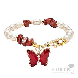 Biele perly náramok s červeným jaspisom a motýľom