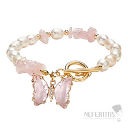 Armband aus weißen Perlen mit Rosenquarz und Schmetterling
