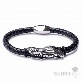 Herrenarmband aus schwarzem Leder mit einem Drachen aus Edelstahl