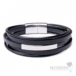 Herrenarmband aus schwarzem Leder mit Edelstahl