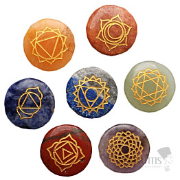 Chakra-Set aus Steinen mit Chakra-Symbolen im Beutel Chakraset I