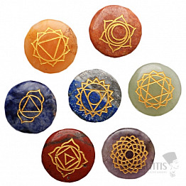 Chakra-Set aus Steinen mit Chakra-Symbolen im Beutel Chakraset II