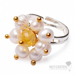 Citrín s perlami elegantní prsten nastavitelná velikost