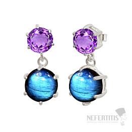 Silver dangle earrings with labradorite and amethyst
