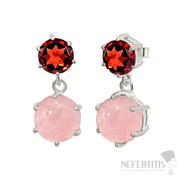 Silver dangle earrings with rose quartz and garnet