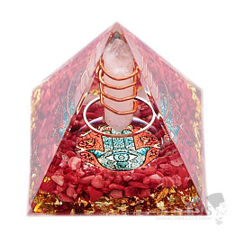 Orgonit pyramida s krystalem křišťálu a symbolem Hamsa
