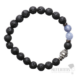 Buddhistisches Perlenarmband aus Lavastein und blauem Quarz