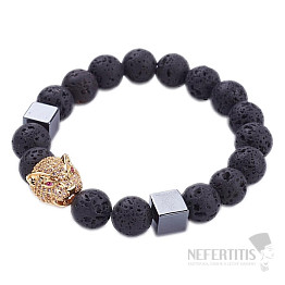 Armband aus Lavastein mit Jaguarkopf in Goldfarbe Bellezza Nera