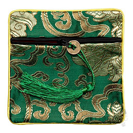 Grüne Brokattasche mit Reißverschluss und Glücksmünze 12x12 cm