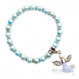 Children&#39;s bracelet made of light blue glass beads with an angel