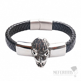 Schwarzes Herrenlederarmband mit Wolfskopf aus Edelstahl