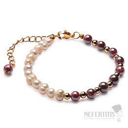 Granát a bílé perly s kovovými korálky řetízkový náramek