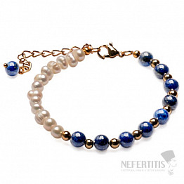 Lapis lazuli a bílé perly s kovovými korálky řetízkový náramek