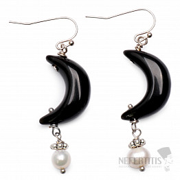 Ohrringe Halbmond aus schwarzem Obsidian mit Perle
