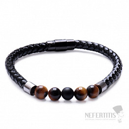 Armband herren aus schwarzem leder geflochten mit tigerauge und achat