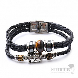 Armband herren aus schwarzem leder geflochten mit tigerauge und hämatit