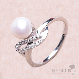 Prsteň strieborný s bielou perlou a zirkónmi Ag 925 017135 WP