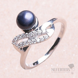 Prsten stříbrný s černou perlou a zirkony Ag 925 017135 BP