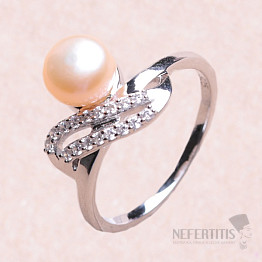 Prsten stříbrný s růžovou perlou a zirkony Ag 925 017135 PP