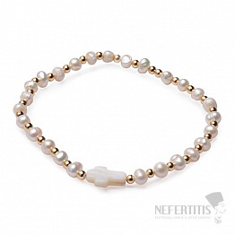 Dámsky perlový náramok z bielych perličiek s perleťovým krížikom