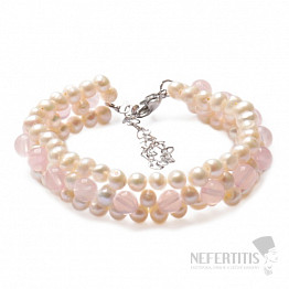 Dámsky perlový náramok dvojitý biele perly s ruženínom