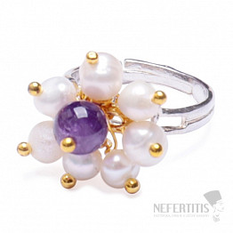 Amethyst mit Perlen, eleganter Ring, größenverstellbar