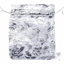 Dárkový sáček organza 10 x 12 cm stříbrný s růžičkami